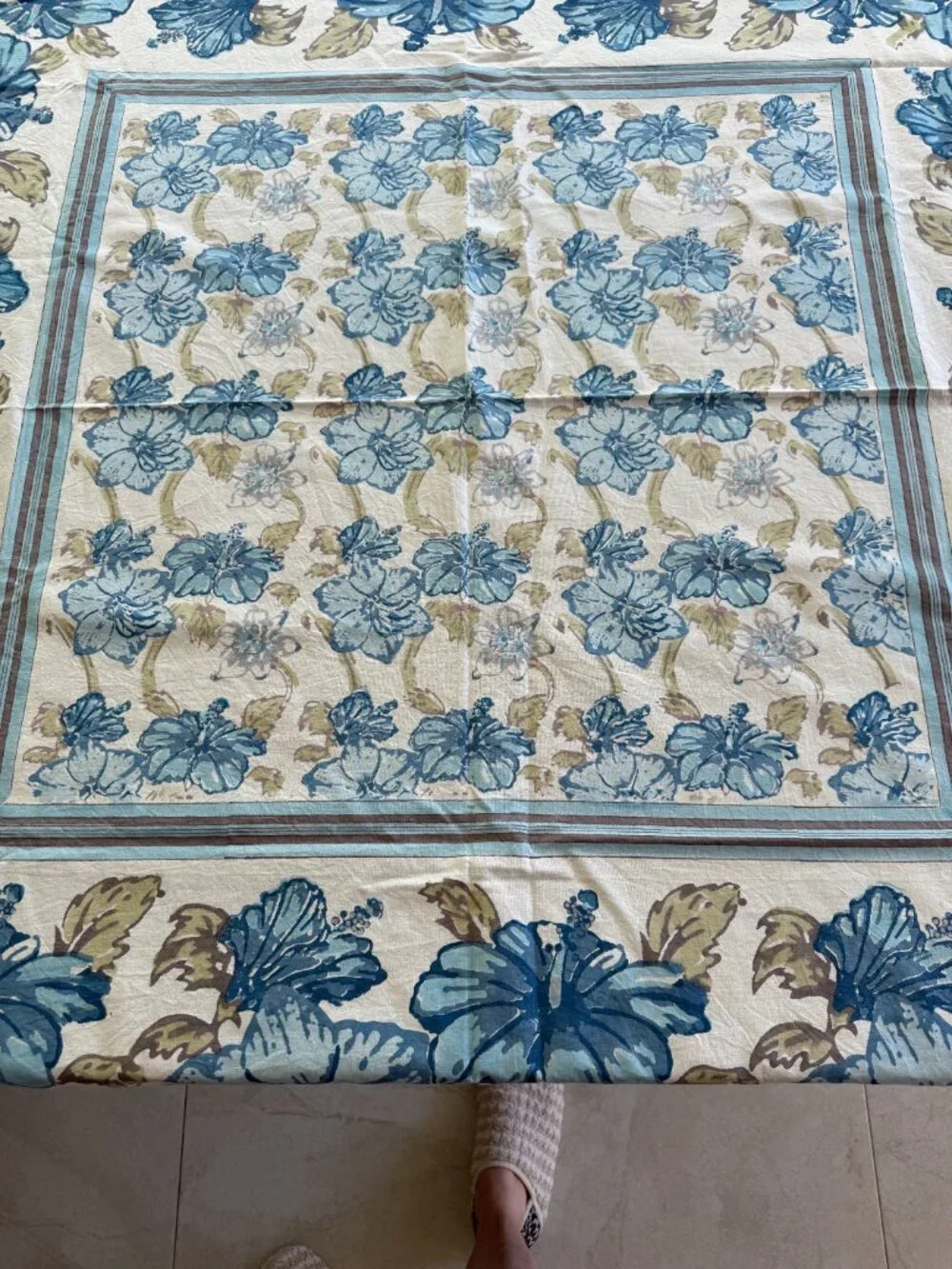 Vintage Couleur Nature by Bruno Lamy Tablecloth 59x59 Blue Hibiscus Hand Block